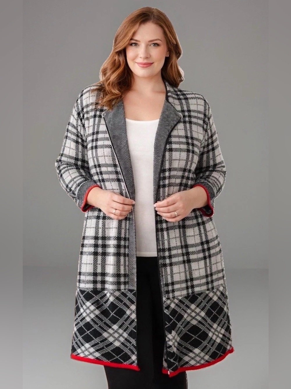 Plus Size 3X Notations Plaid Duster Cardigan Black White Open Front Long Cozy
